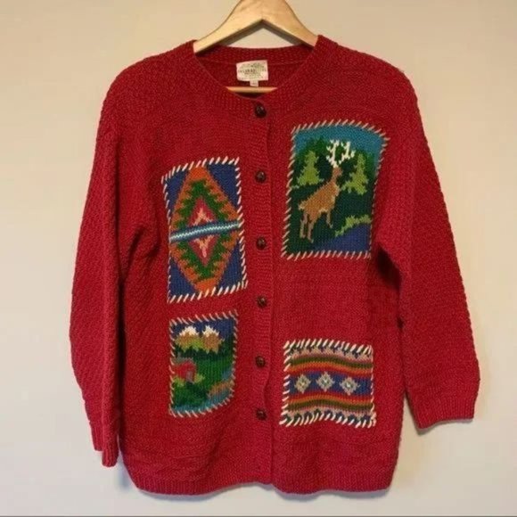 Vintage hand knitted red green cardigan sweater by Susan Bristol large - Picture 1 of 8